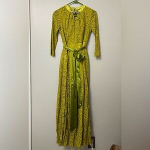 Romantic all over lace mustard green belted maxi gown fully lined, XS, feminine